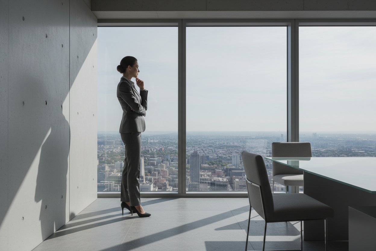 executivo olhando a janela ao horizonte, com fundo predominantemente em tom cinza claro