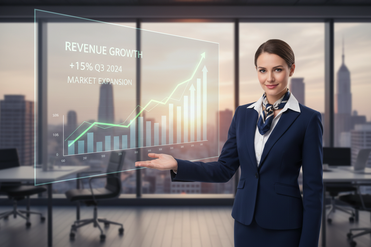 um executivo próximo ao chart com gráfico financeiro em alta, chamando o expectador para conversar